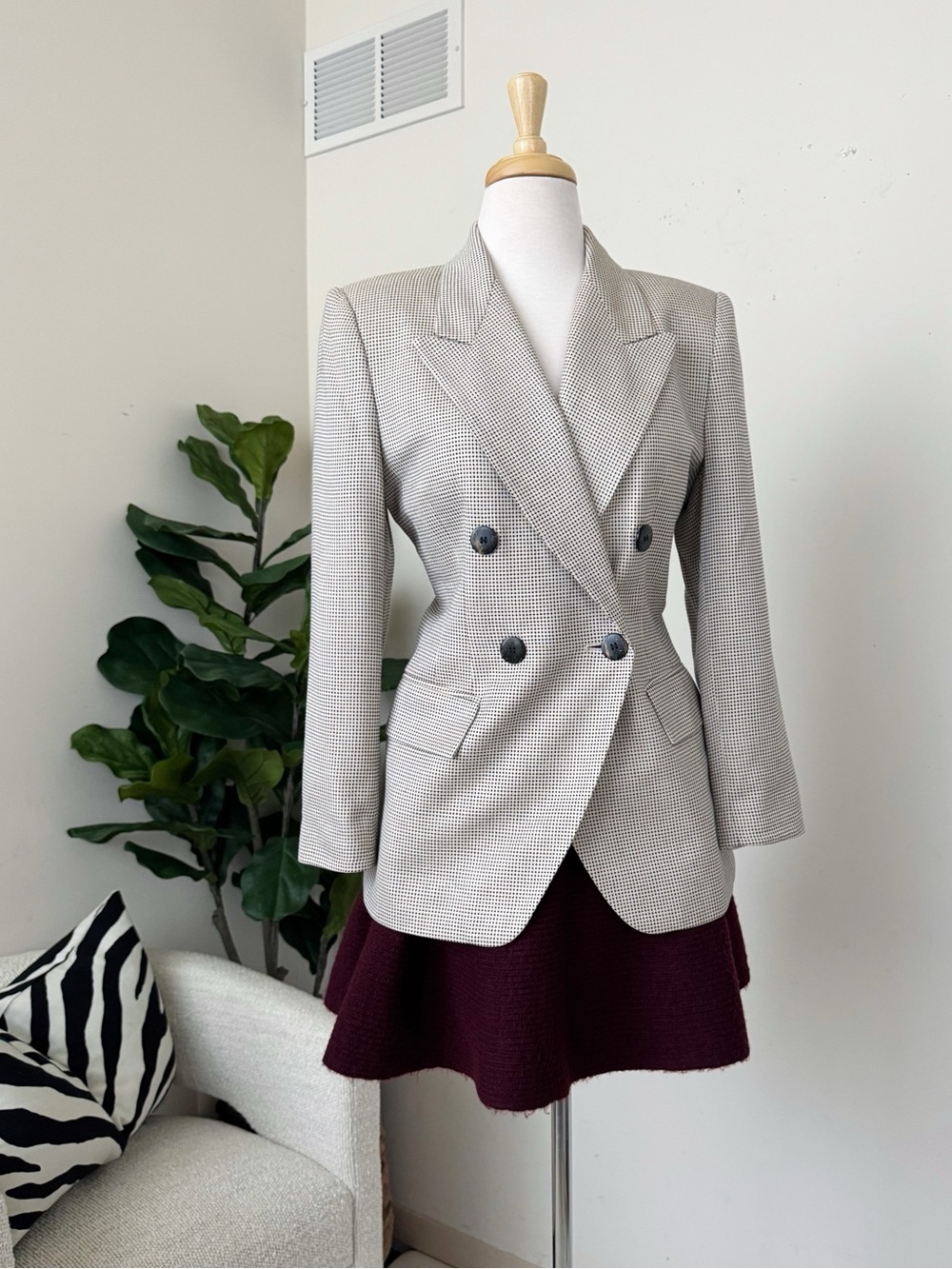 Petite Sophisticate Light Taupe Houndstooth Double-Breasted Blazer and Skirt set